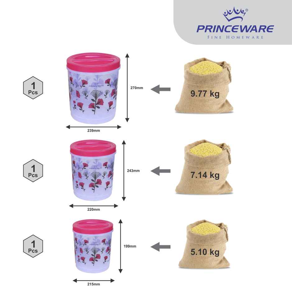 Princeware Twister Aata/dal/rice Container Set of 3 Pcs | 5.1 L+7.1 L+ 9.7 L | Printed- Pink