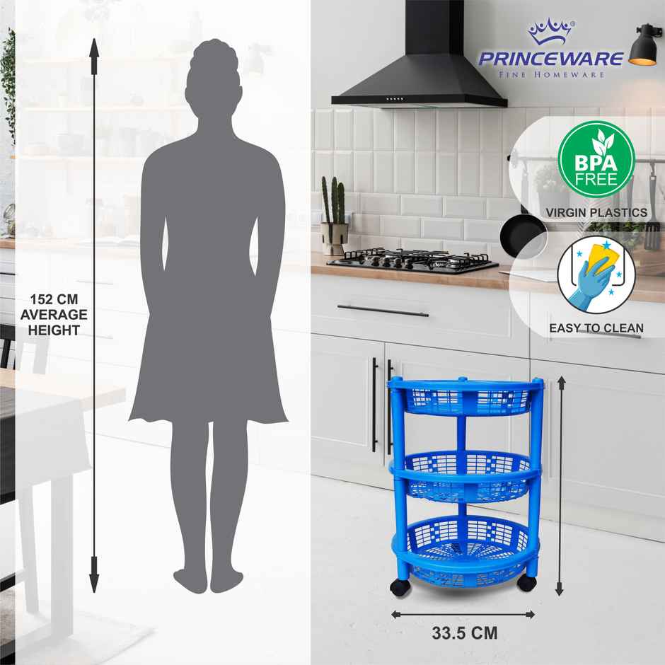 Princeware Maria Round Kitchen Trolley With Wheels 3 Rack- Blue