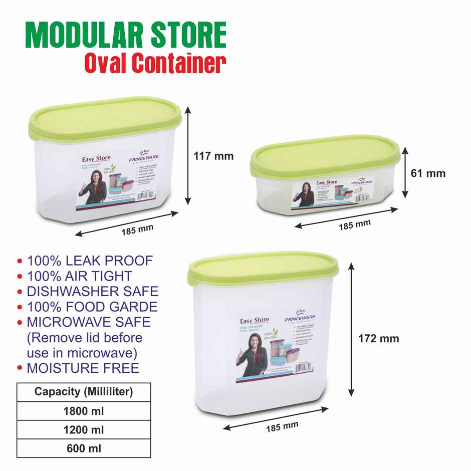 Princeware Easy Store Oval Container Set 3 Pcs | 600ml |1200 ml |1800 ml- Green