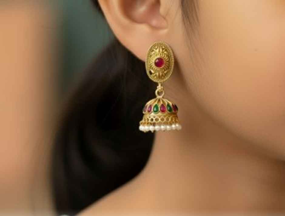 The Opal Factory Earrings Stone Studded Oval Golden Motif Jhumki Earrings with Pearl Hangings |Gold
