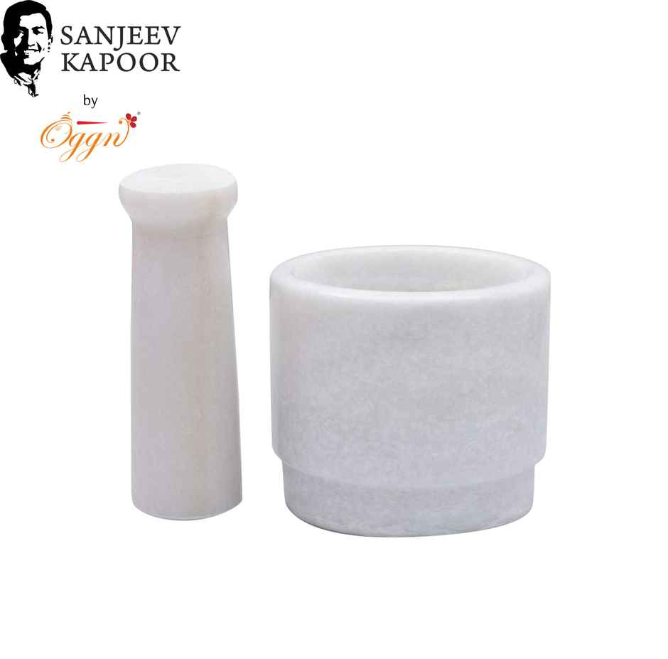 Sanjeev Kapoor by OGGN White Marble 2 Side Mortar and Pestle Set, for Grinding Spices - 3x2 Inch