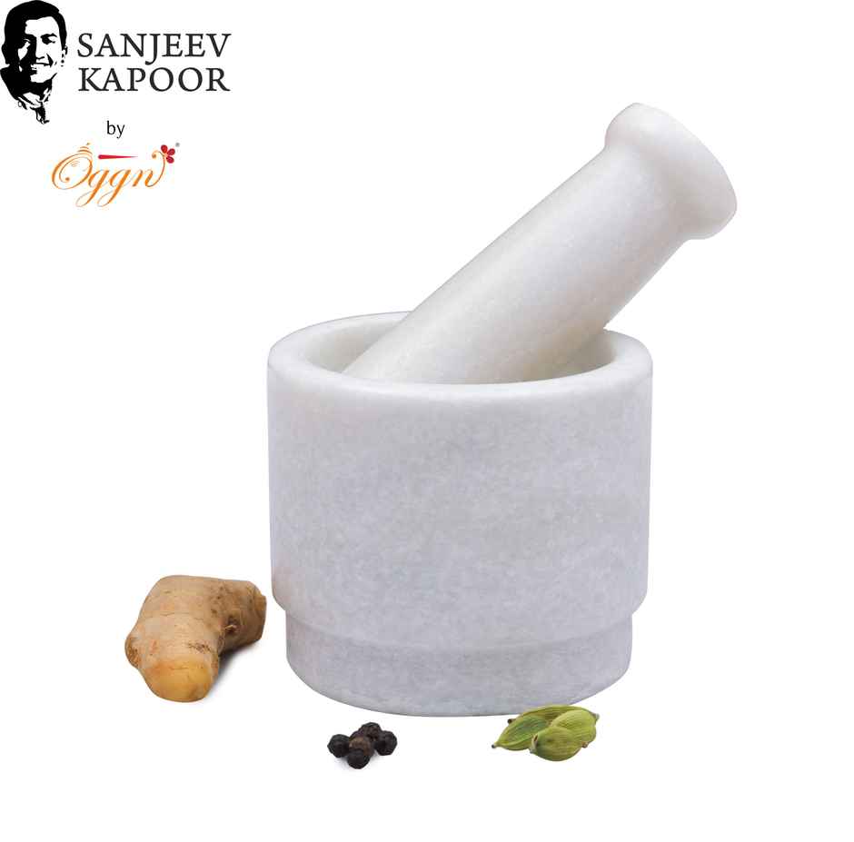 Sanjeev Kapoor by OGGN White Marble 2 Side Mortar and Pestle Set, for Grinding Spices - 3x2 Inch
