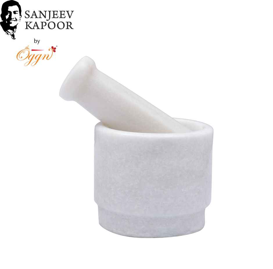 Sanjeev Kapoor by OGGN White Marble 2 Side Mortar and Pestle Set, for Grinding Spices - 3x2 Inch
