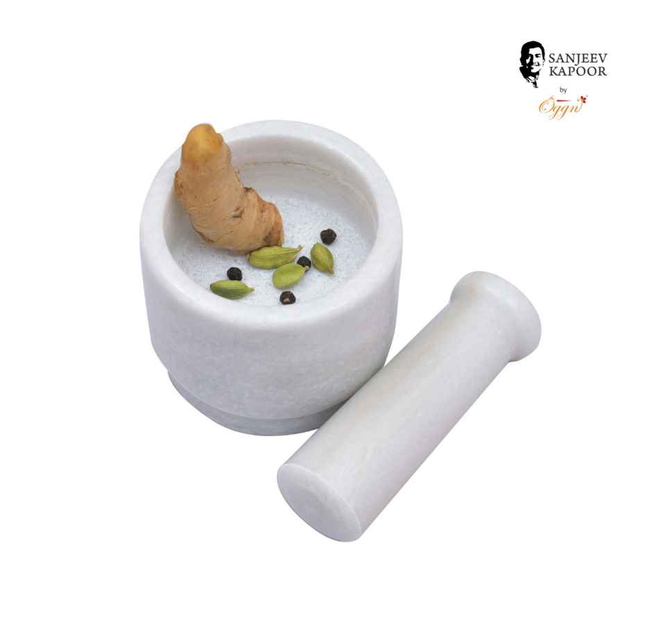 Sanjeev Kapoor by OGGN White Marble 2 Side Mortar and Pestle Set, for Grinding Spices - 3x2 Inch