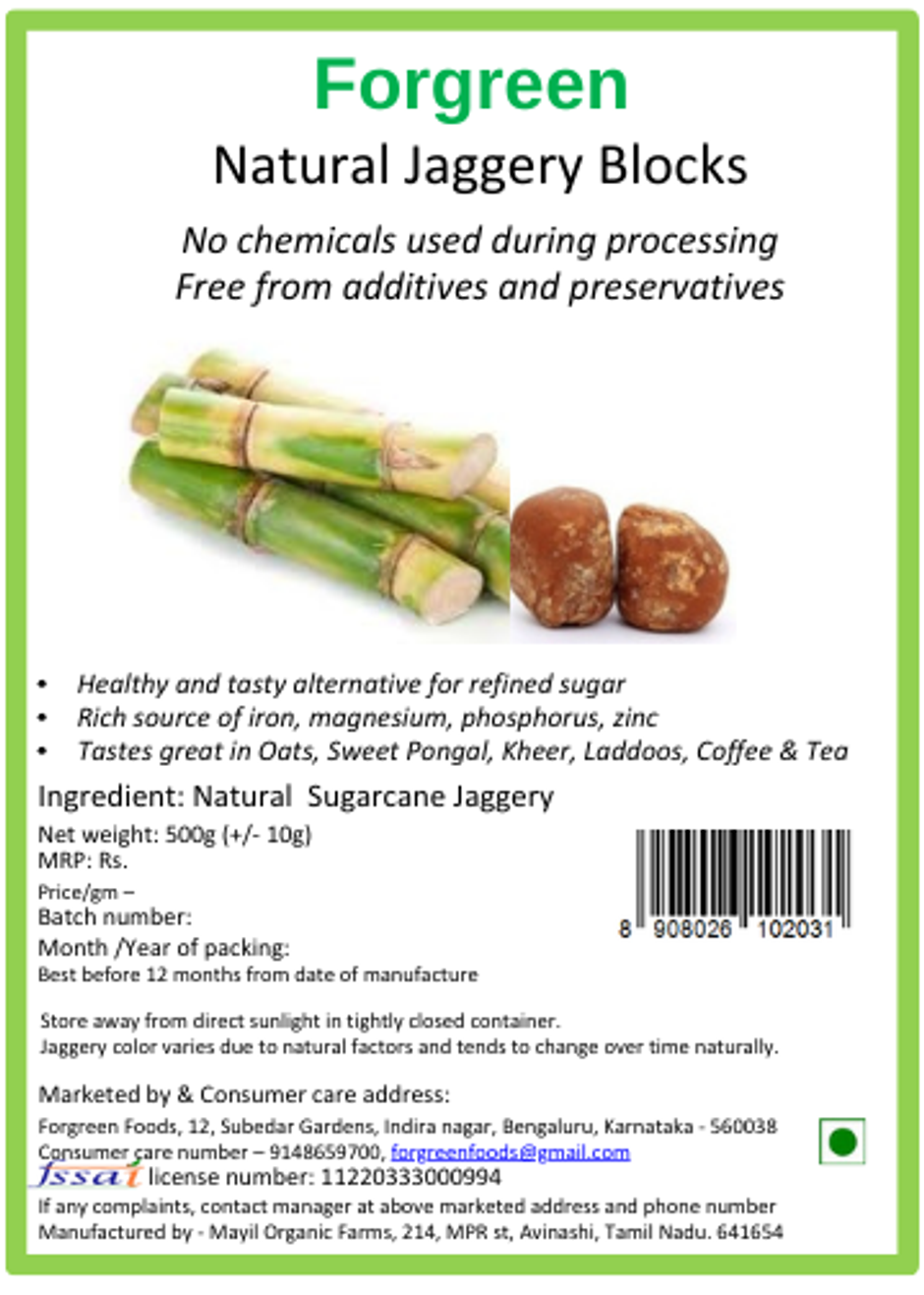 Forgreen Sugarcane Jaggery Block | Zero Chemicals | No additives | No preservatives