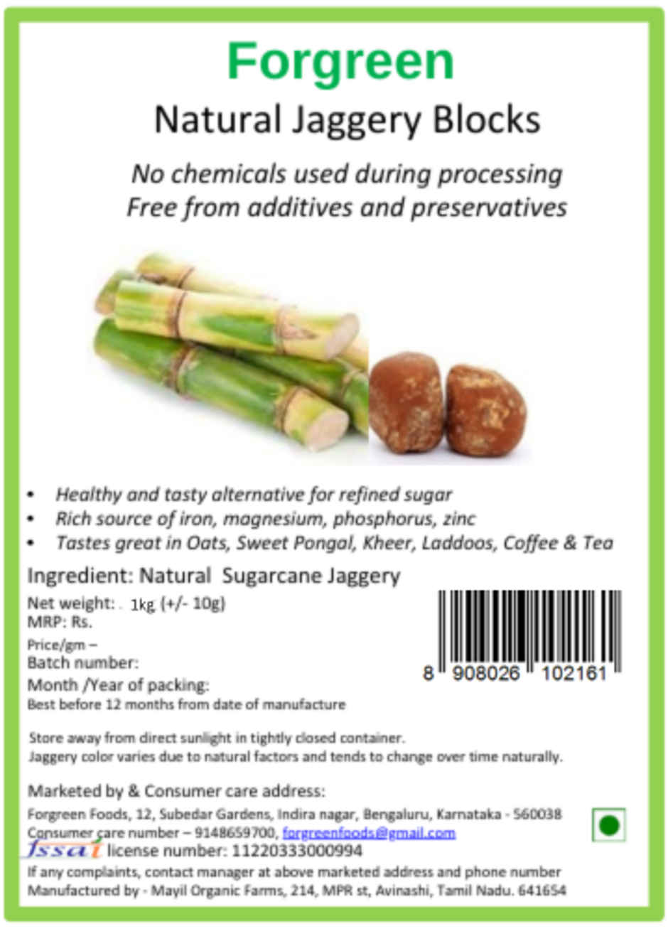 Forgreen Sugarcane Jaggery Block | Zero Chemicals|No additives | No Preservatives