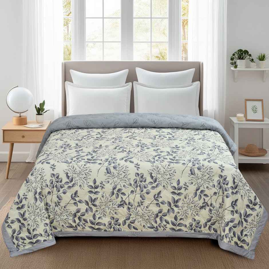 Furnofy Reversible King Size Microfibre Comforter Quilt Duvet | Leafy | Grey | 87 x 87 in