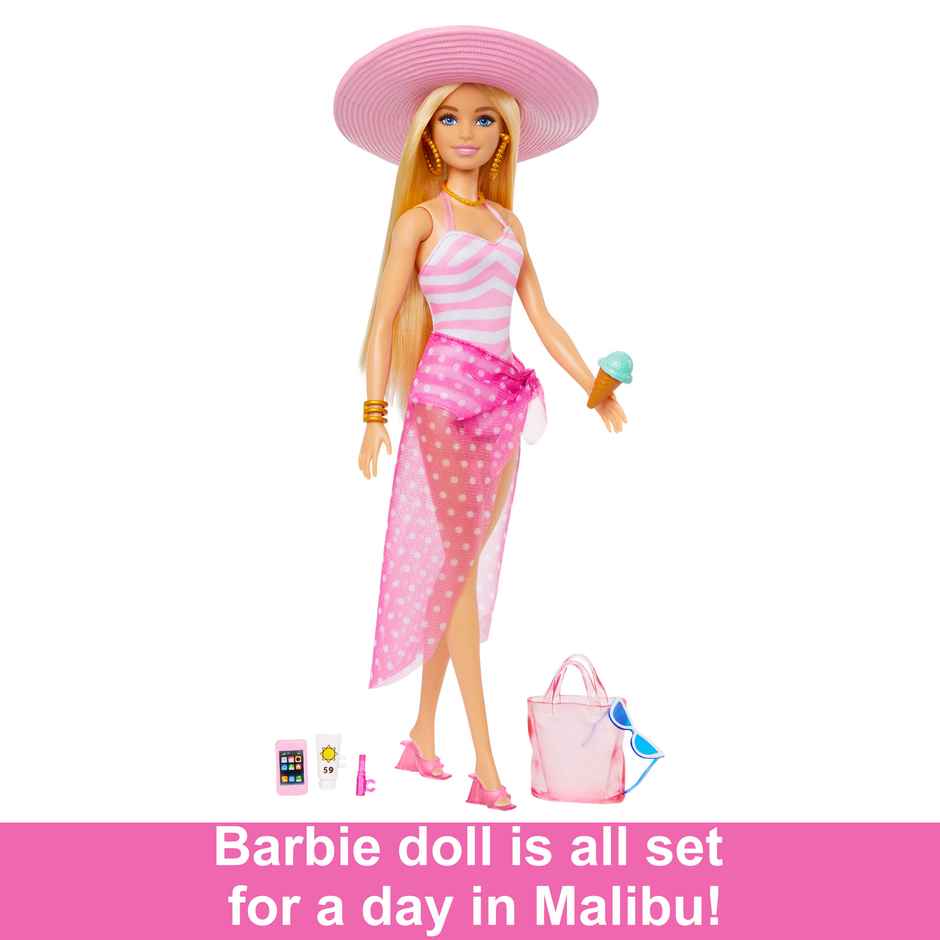 Mattel Blonde Mattel Barbie Doll With Pink And White Swimsuit, Sun Hat, Tote Bag And Beach-Themed Accessories