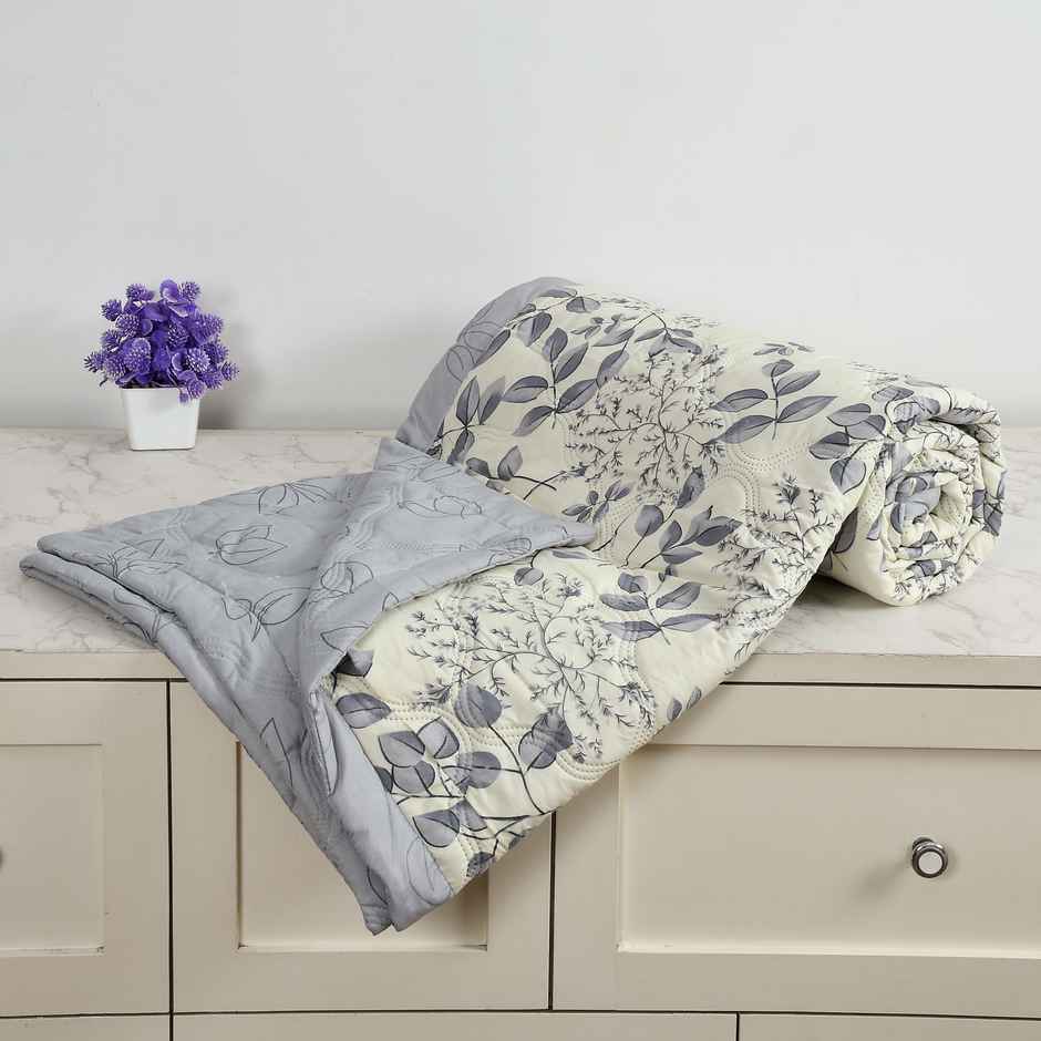 Furnofy Reversible King Size Microfibre Comforter Quilt Duvet | Leafy | Grey | 87 x 87 in