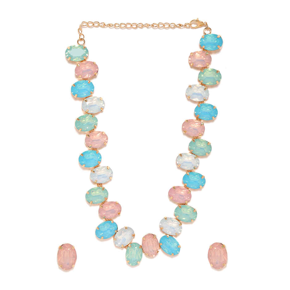 Rubans 18K Gold-Plated Pastel Blue-Pink and Lavender Faceted Oval Gemstone Necklace Set