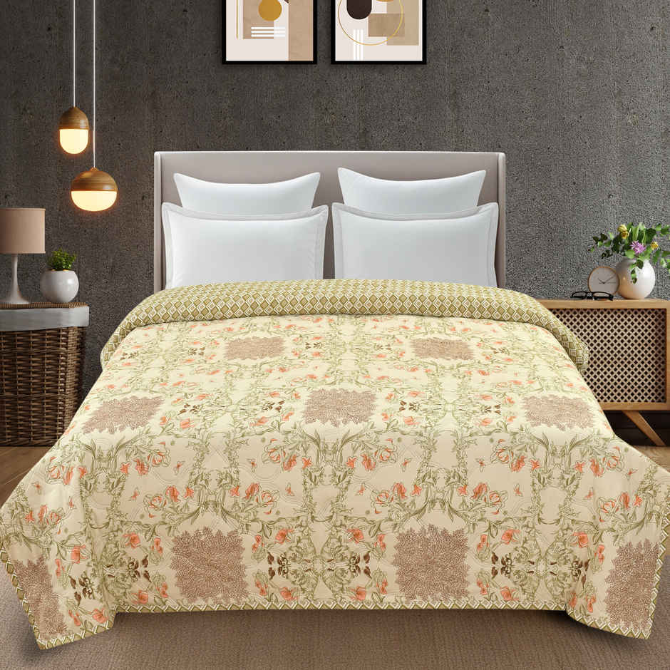 Furnofy Ultrasonic Comforter King Size Lightweight | Microfiber | Beige Floral - 80 x 90 in