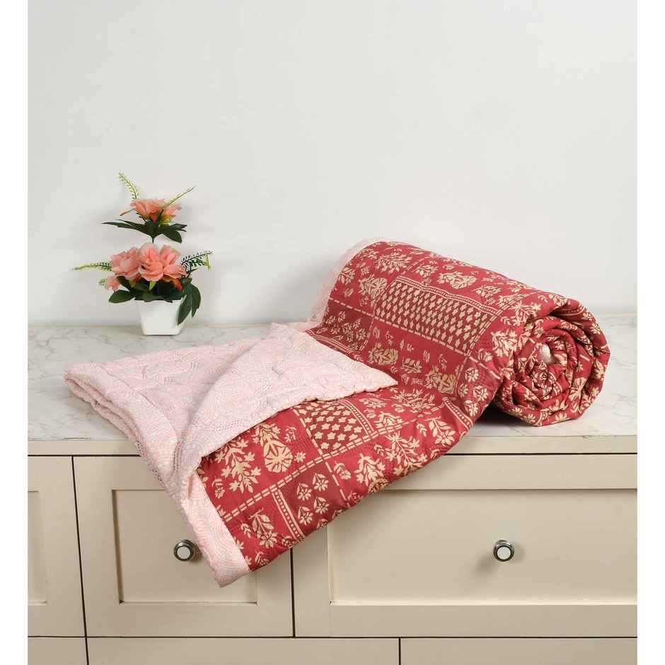Furnofy Ultrasonic Comforter King Size Light Weight | Microfibre | Red & Cream - 80 x 90 in