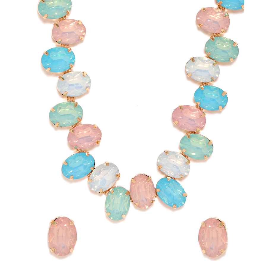 Rubans 18K Gold-Plated Pastel Blue-Pink and Lavender Faceted Oval Gemstone Necklace Set