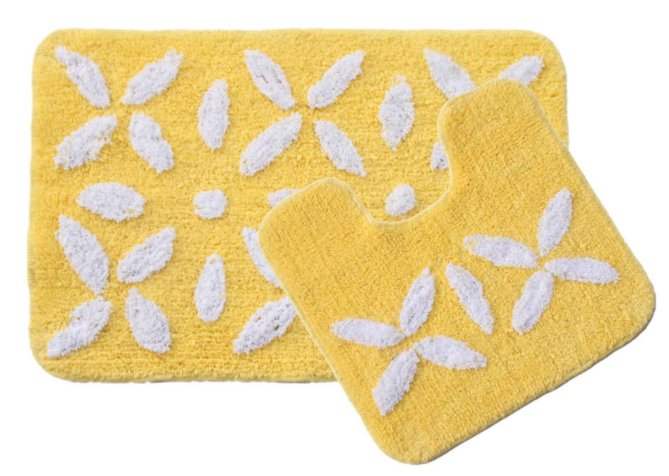 Saral Home Cotton Anti-Slip Bathmat & Contour Set | Yellow - 40 x 60 & 40 x 45 cm