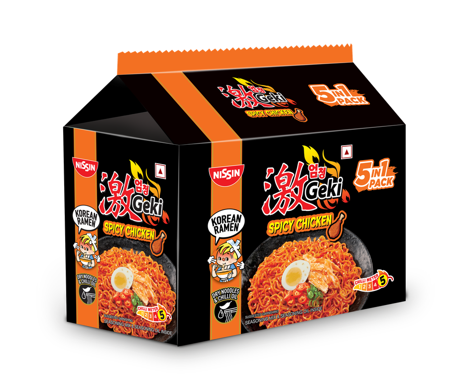 Nissin Geki - Hot and Spicy Korean Chicken Flavoured Ramen Instant Noodles | 5 in 1 pack Combo