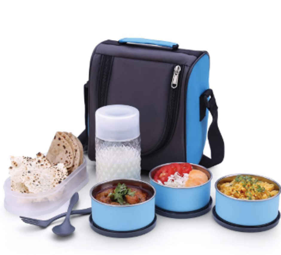 YELLOCUT Stainless Steel Lunch Box with 3 SS Containers, 1 Bottle and 1 Spoon and 1 Fork