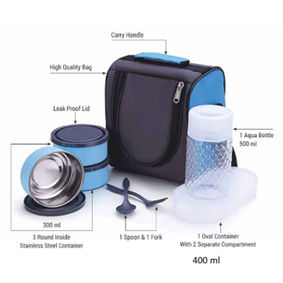 YELLOCUT Stainless Steel Lunch Box with 3 SS Containers, 1 Bottle and 1 Spoon and 1 Fork