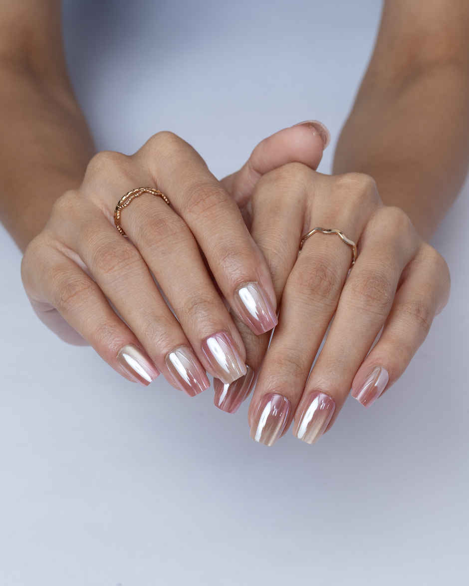 Pep Nails Mirror Kiss Medium Coffin Chrome Ombre Nude Reusable Press On Nails | 30 Nail Tips