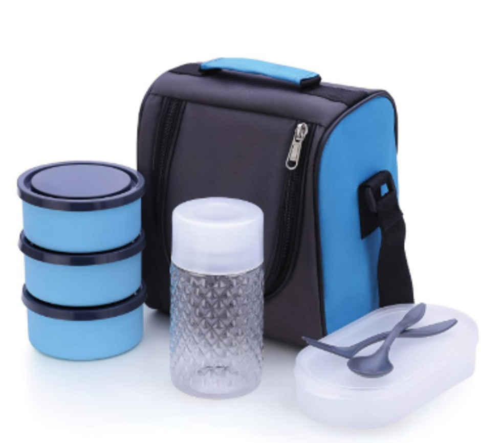 YELLOCUT Stainless Steel Lunch Box with 3 SS Containers, 1 Bottle and 1 Spoon and 1 Fork