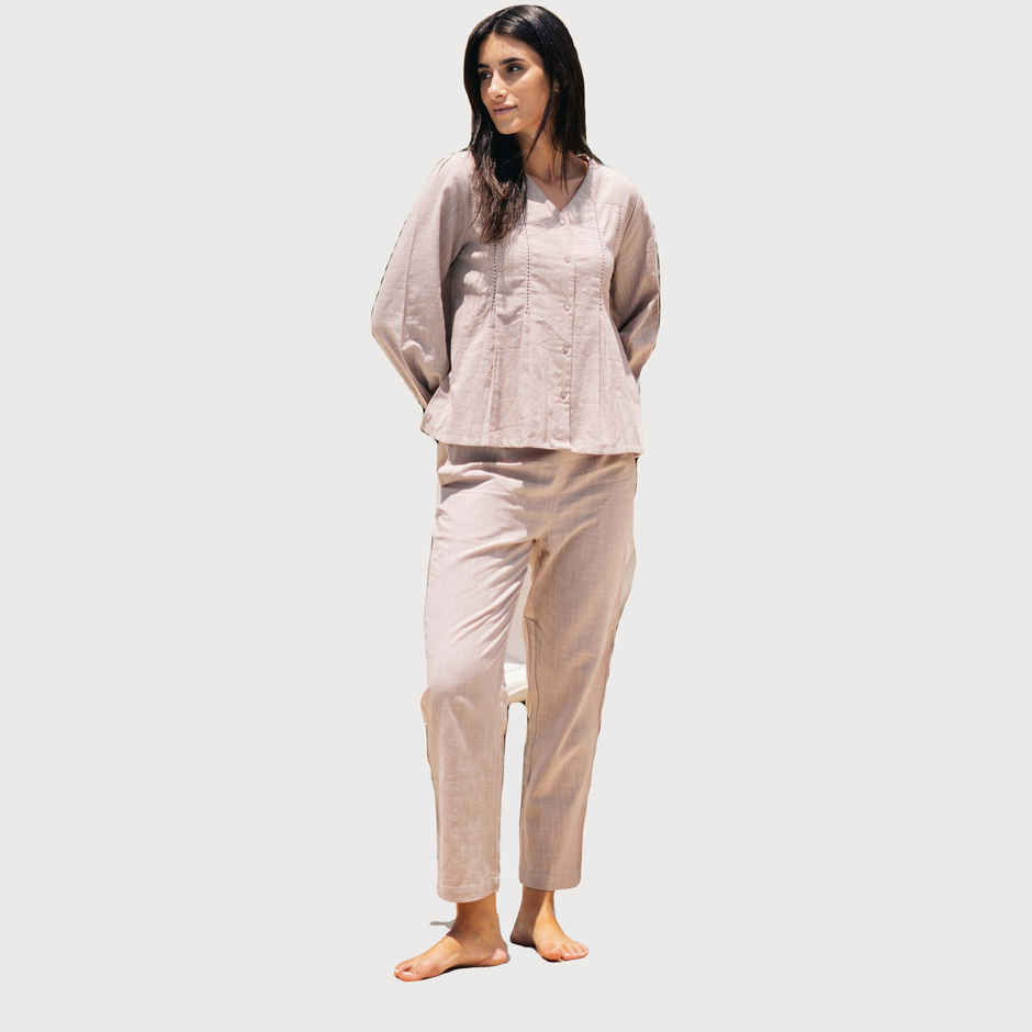 Sanskrutihomes V-Neck Pure Cotton Night Suit | Light Pink | L