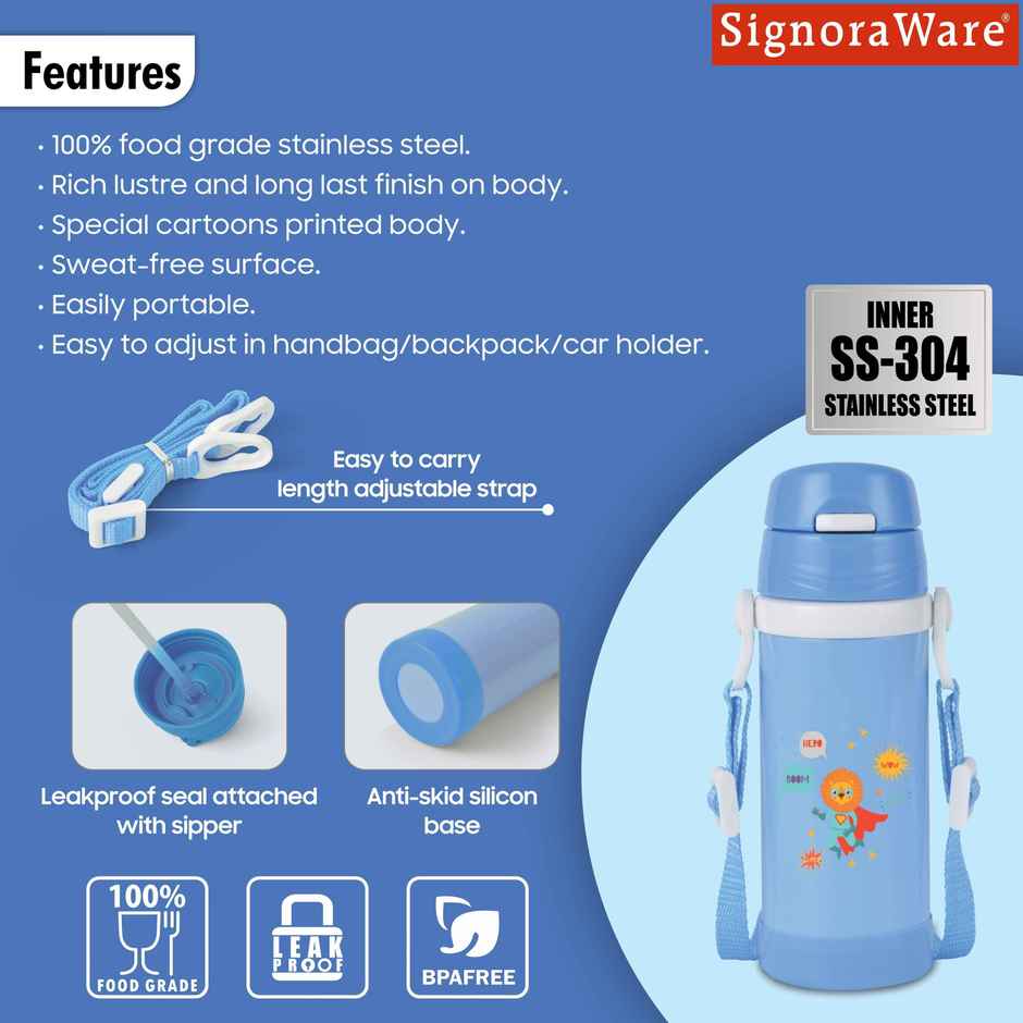 Signoraware Drizzle Kids Vacuum Bottle 500ml | Leakproof | Blue