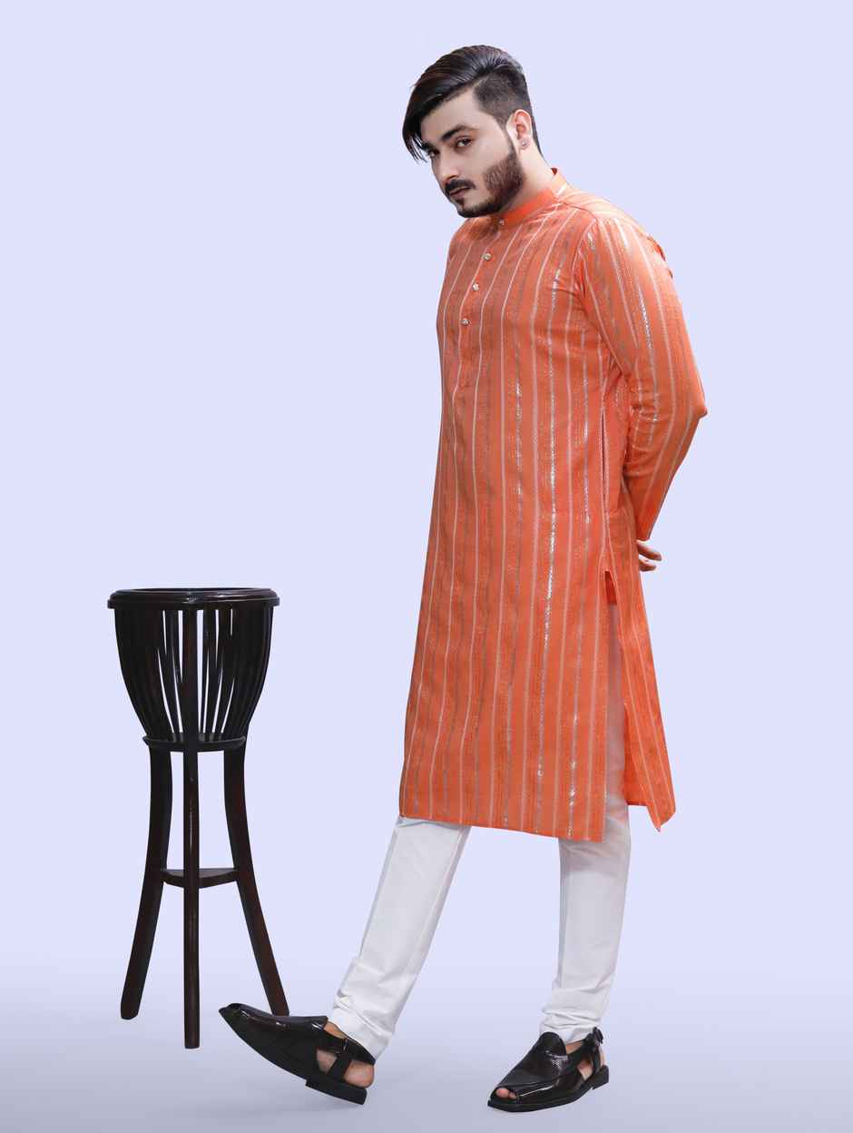 Tibra Collection Men Kurta - Orange | Solid | Thin Striped | Cotton Blend | M