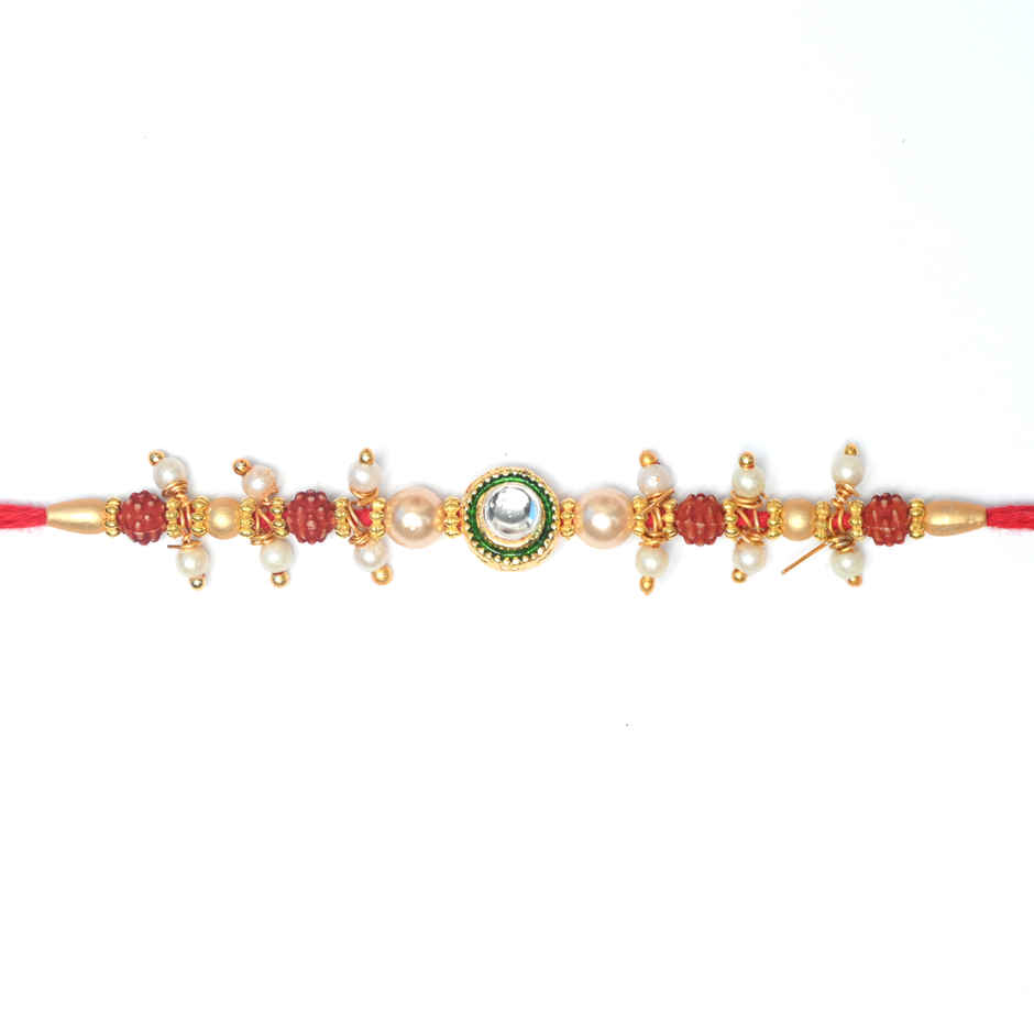 Aurum Pearl Rakhi With Rudhraksh & Ghugharu - Elegant Rakhi