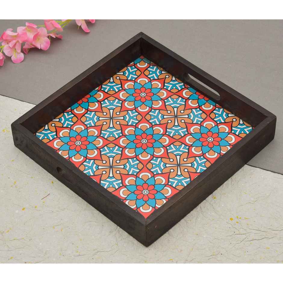 Oggn Blue Floral Printed Wooden Brown Square Tray 12x12