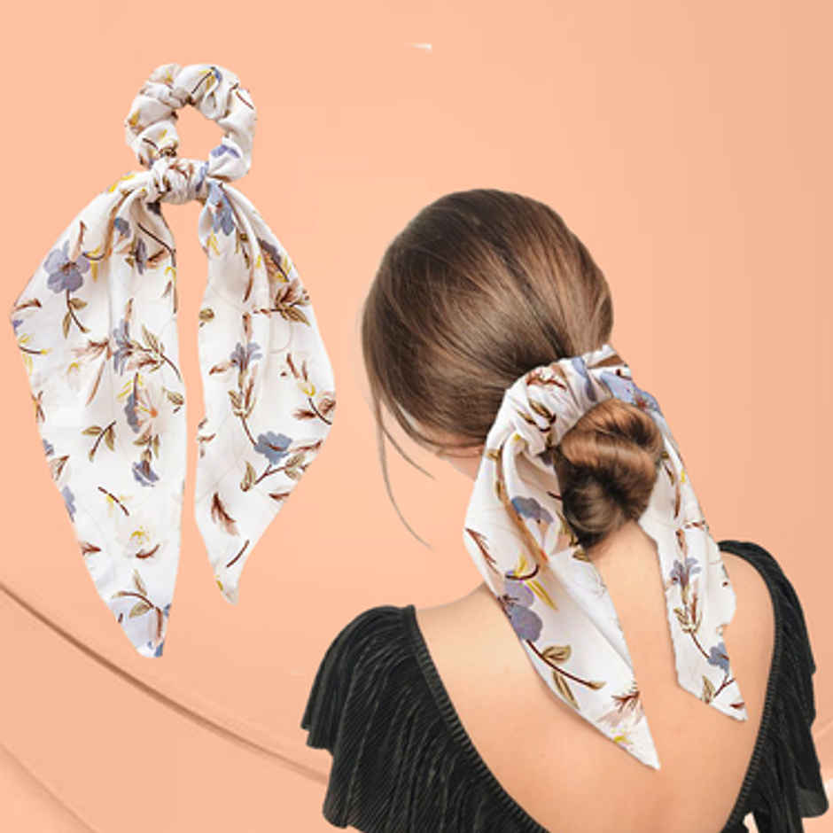 Majestique Printed Satin Hair Scarf Scrunchie | Elastic Bow Scrunchie | White