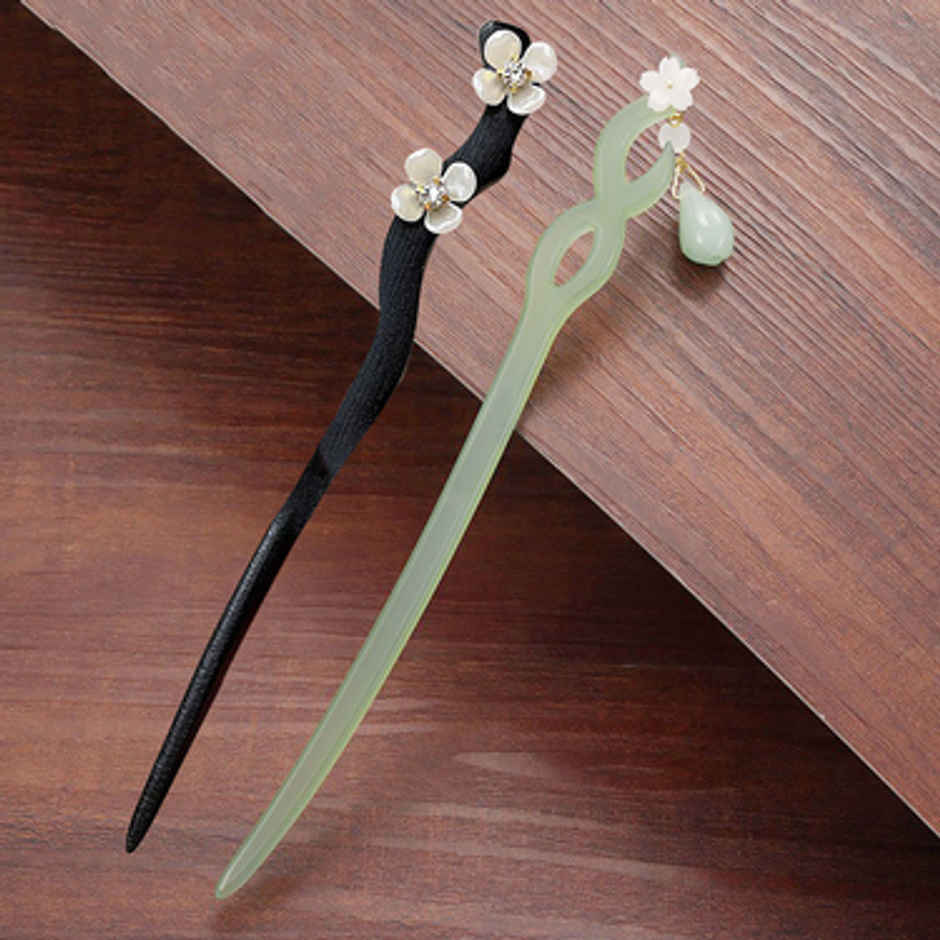 Majestique Wooden Resin Juda Pin Hair Sticks | Bun Hair Accessories for Women | Green/Black