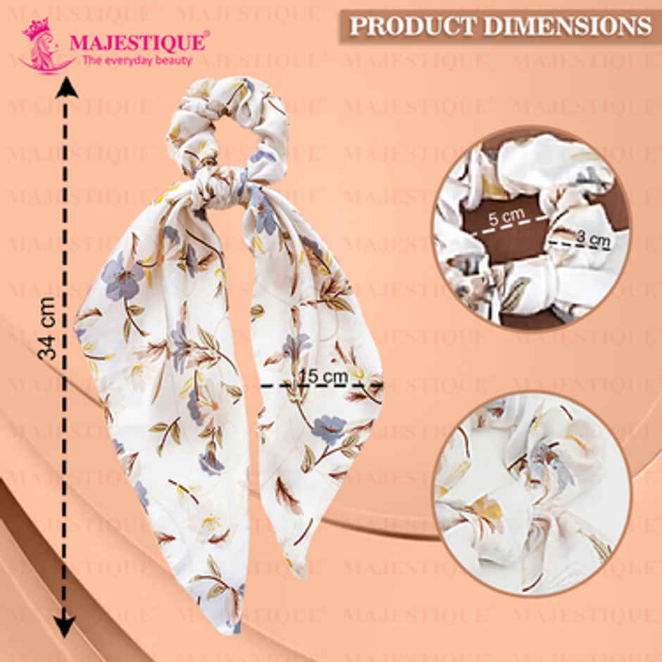 Majestique Printed Satin Hair Scarf Scrunchie | Elastic Bow Scrunchie | White