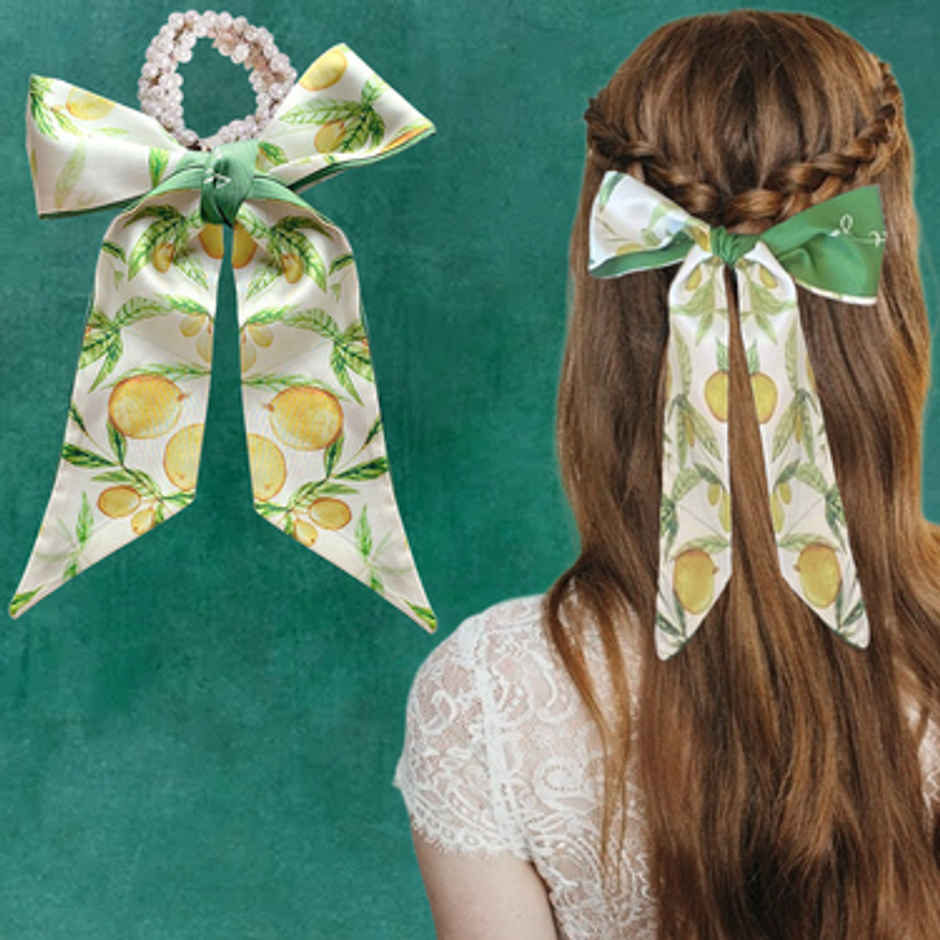 Majestique Printed Satin Scarf Hair Scrunchie | Pearl Rubber Band Ponytail Holder | Green