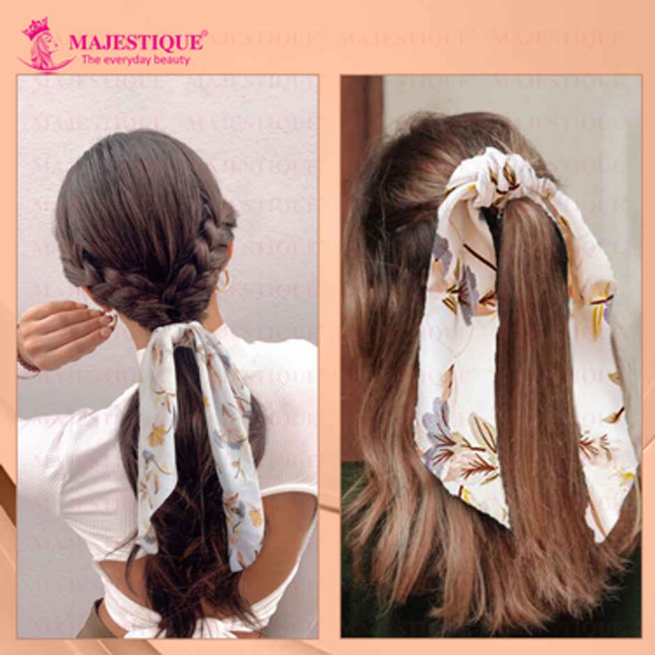 Majestique Printed Satin Hair Scarf Scrunchie | Elastic Bow Scrunchie | White