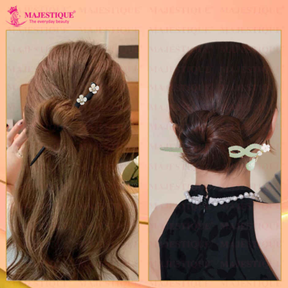 Majestique Wooden Resin Juda Pin Hair Sticks | Bun Hair Accessories for Women | Green/Black