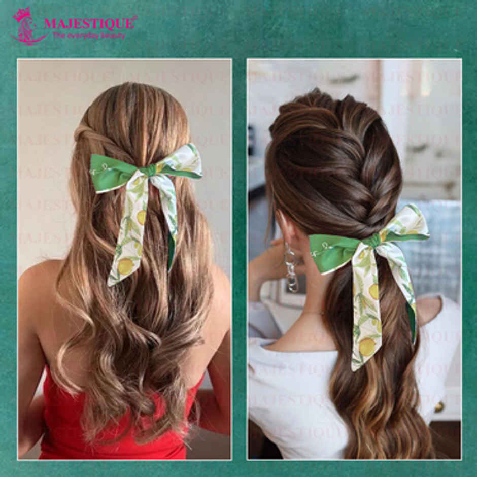 Majestique Printed Satin Scarf Hair Scrunchie | Pearl Rubber Band Ponytail Holder | Green
