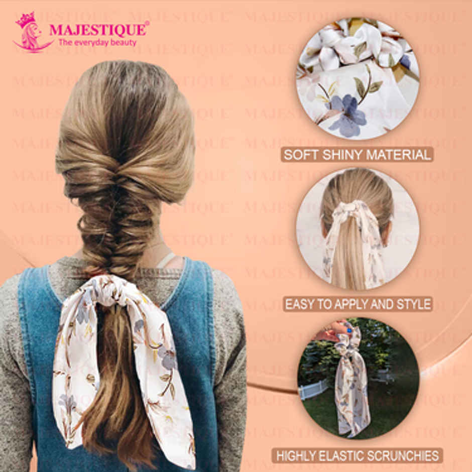 Majestique Printed Satin Hair Scarf Scrunchie | Elastic Bow Scrunchie | White