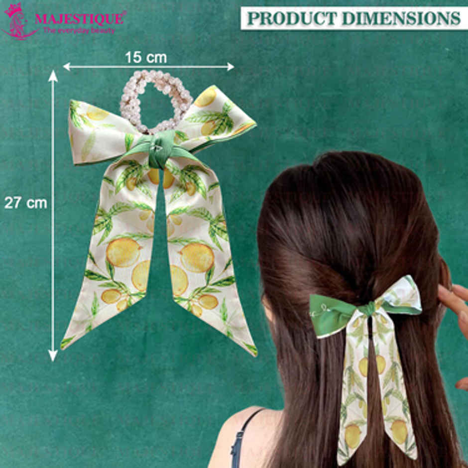 Majestique Printed Satin Scarf Hair Scrunchie | Pearl Rubber Band Ponytail Holder | Green