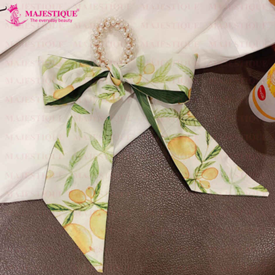 Majestique Printed Satin Scarf Hair Scrunchie | Pearl Rubber Band Ponytail Holder | Green
