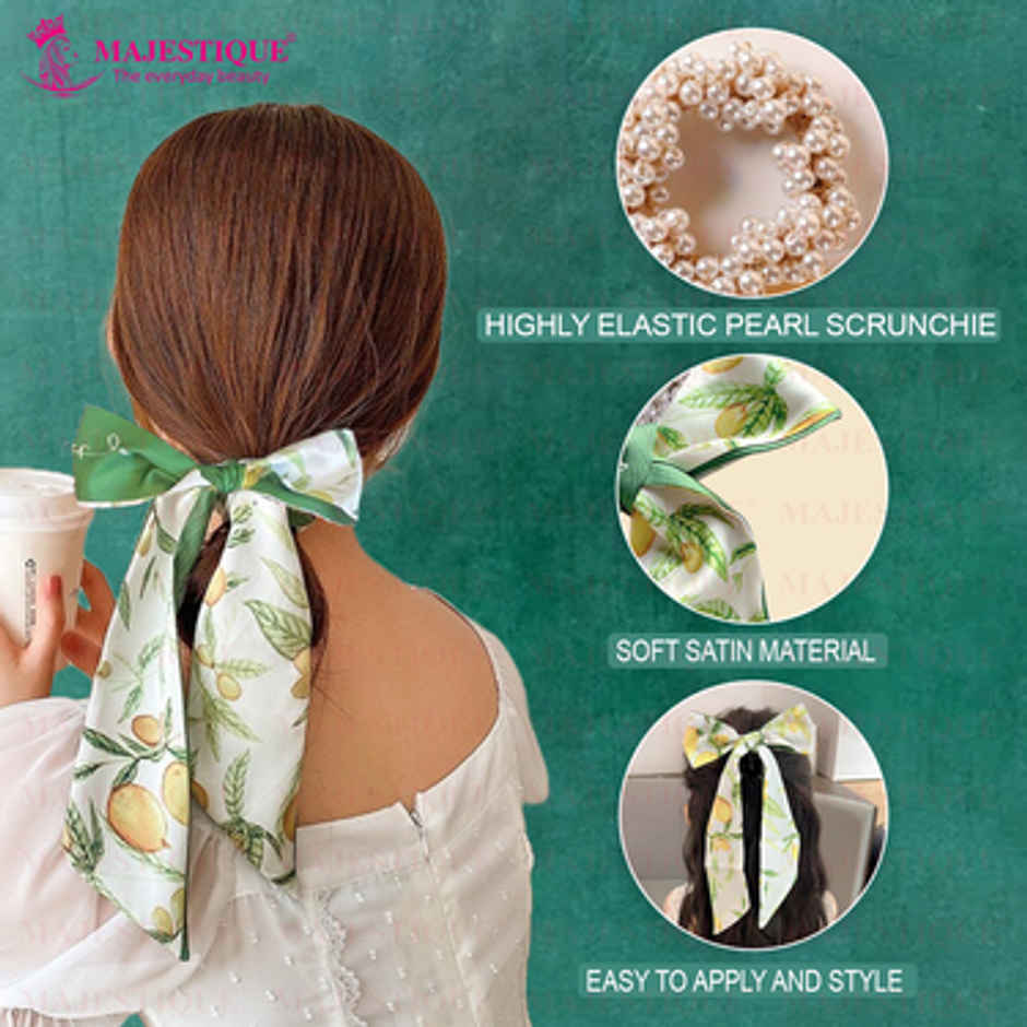 Majestique Printed Satin Scarf Hair Scrunchie | Pearl Rubber Band Ponytail Holder | Green