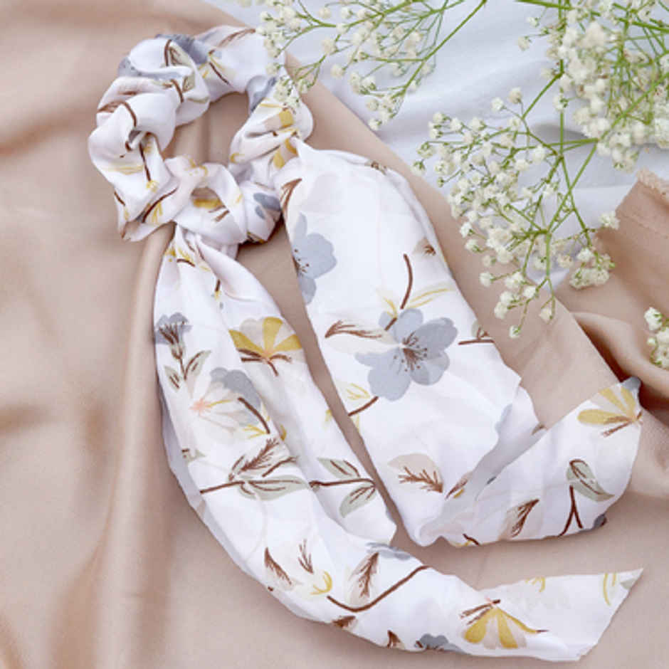 Majestique Printed Satin Hair Scarf Scrunchie | Elastic Bow Scrunchie | White