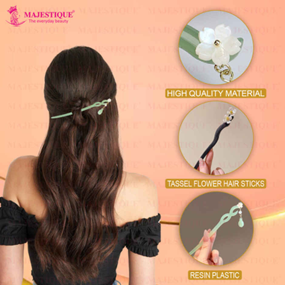 Majestique Wooden Resin Juda Pin Hair Sticks | Bun Hair Accessories for Women | Green/Black