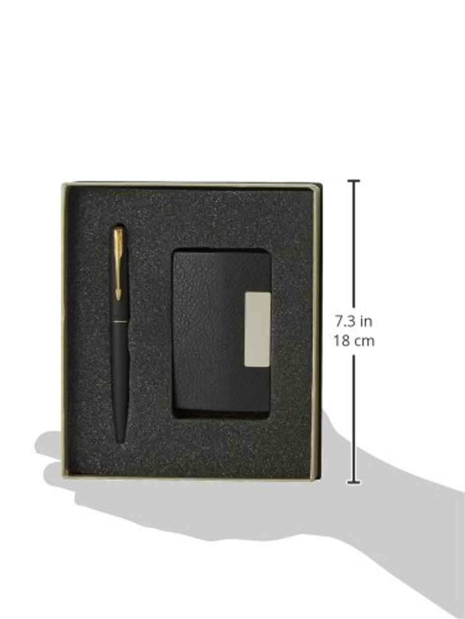 Parker Gift Set- (Parker Frontier Matte Black Gold Trim Fountain Pen With Holder) Ink Color - Blue