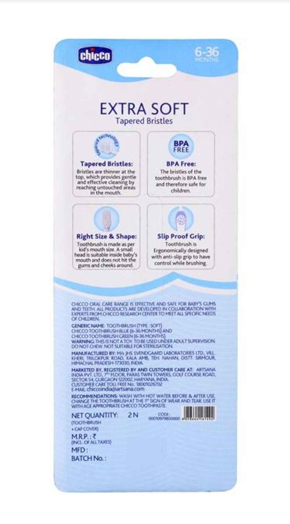 Chicco Toothbrush Set Blue+Green 6M-36M