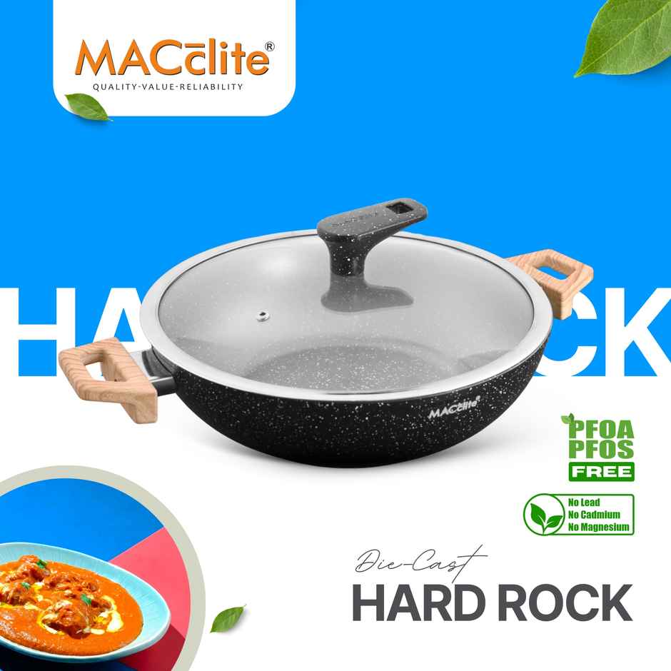 Macclite Non-Stick PDC Granite+ Induction Base Hard Rock Triumph Kadai 26 cm With Glass Lid