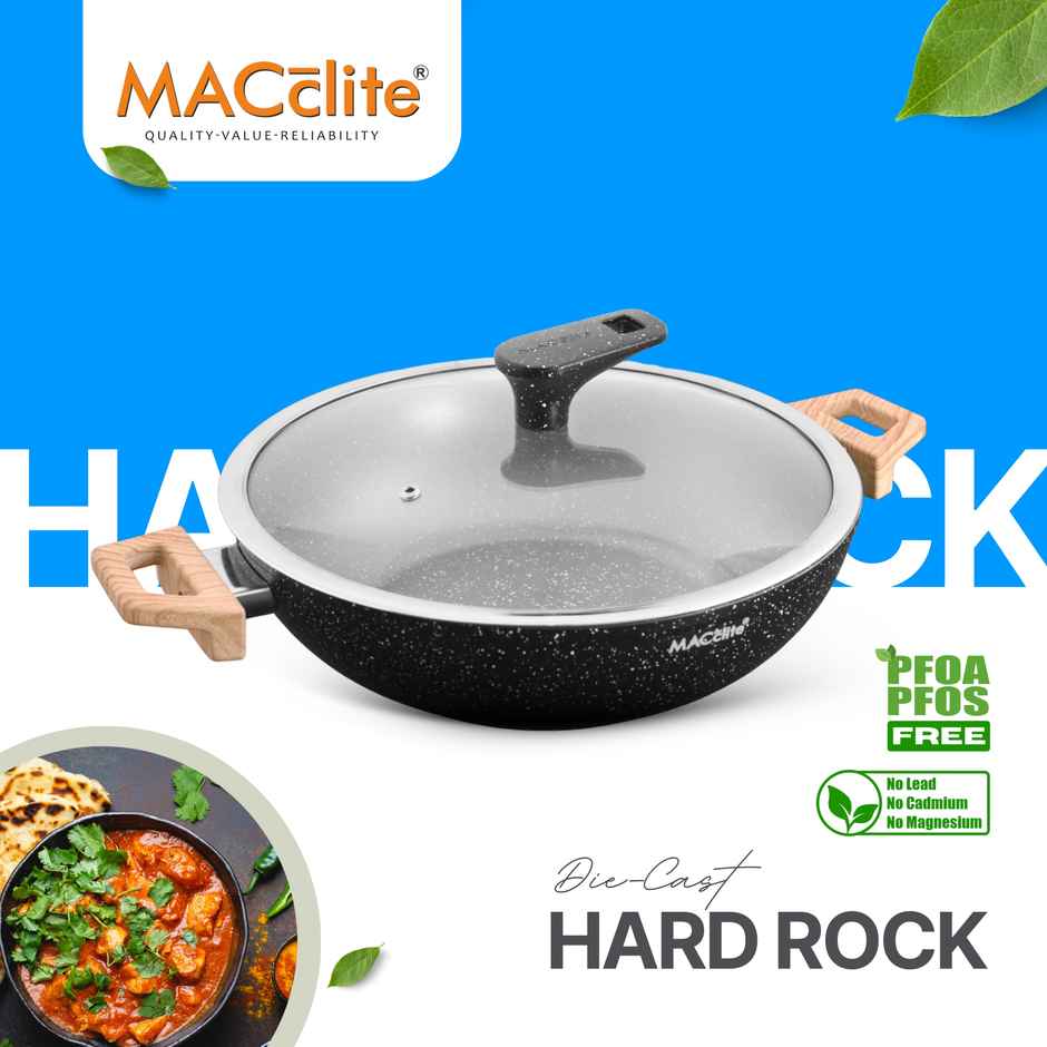 Macclite Non-Stick PDC Granite+ Induction Base Hard Rock Triumph Kadai 24 cm With Glass Lid