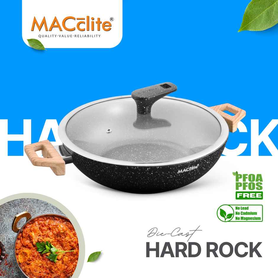 Macclite Non-Stick Kadai | 28 cm | Glass Lid | Induction Compatible