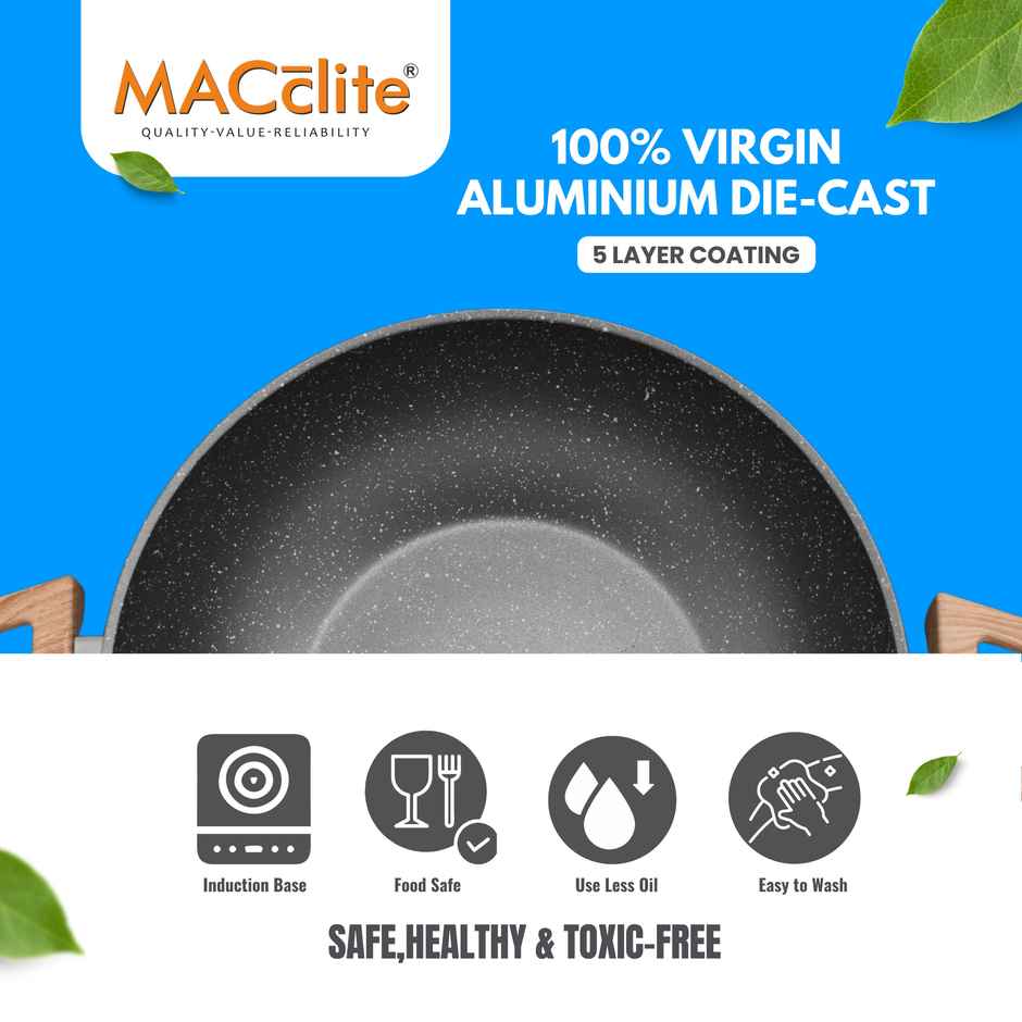 Macclite Non-Stick Kadai | 28 cm | Glass Lid | Induction Compatible