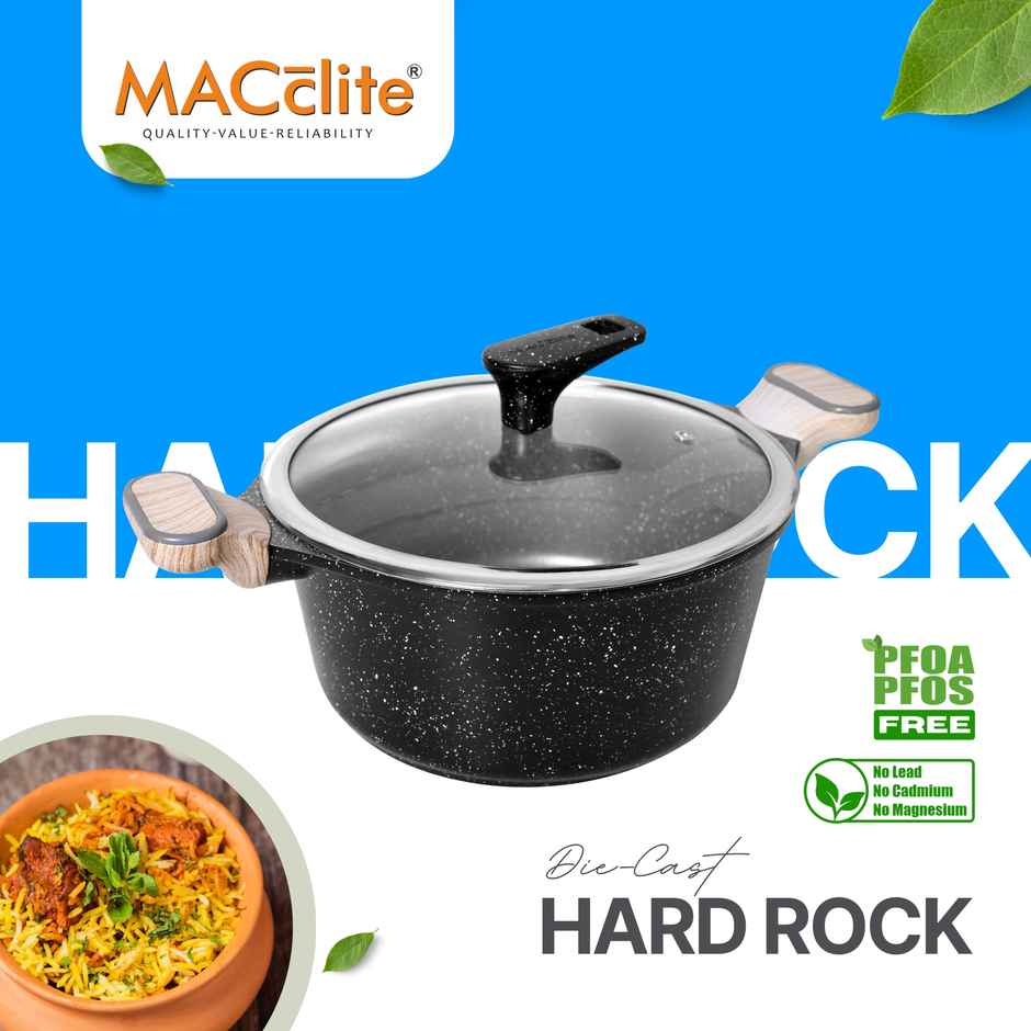 Macclite Non-Stick PDC Granite+ Induction Base Hard Rock Triumph Casserole 28 cm with Glass Lid