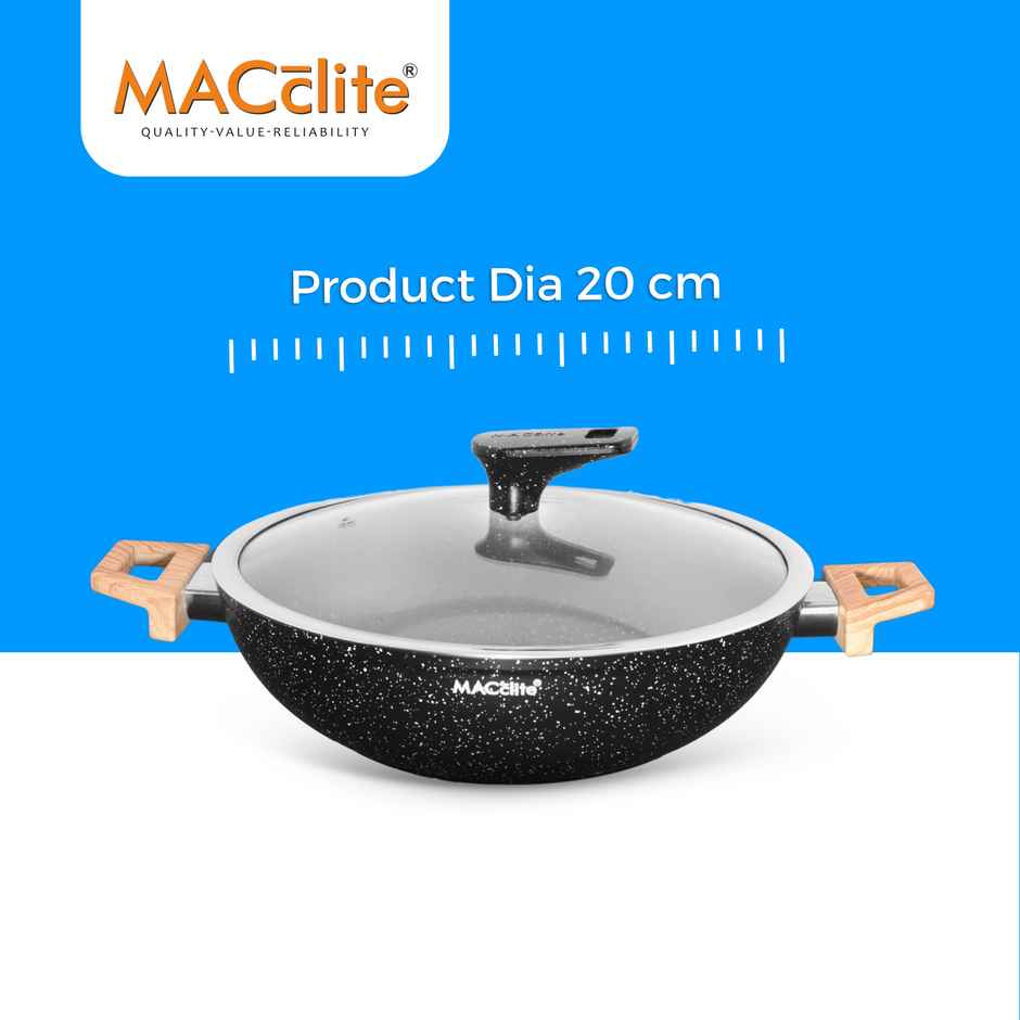 Macclite Non-Stick Kadai | 20 cm | Glass Lid | Induction Compatible