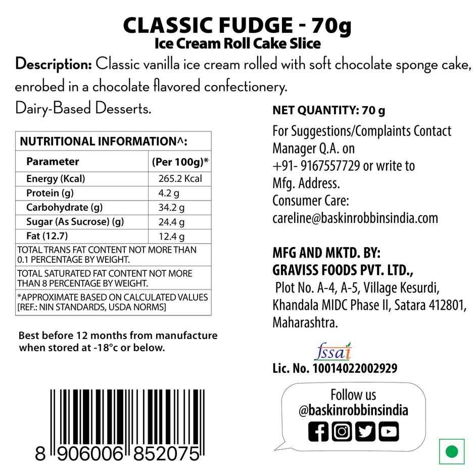 Baskin Robbins Classic Fudge Ice Cream Roll Cake Slice | Rich Chocolatey Dessert Slice